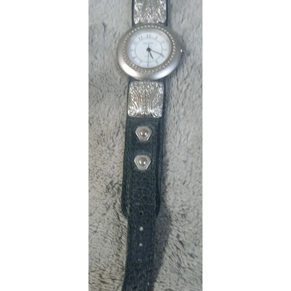 Vtg Futura Quartz Watch Women Silver Ornate Black Leather Band‎ Needs Battery